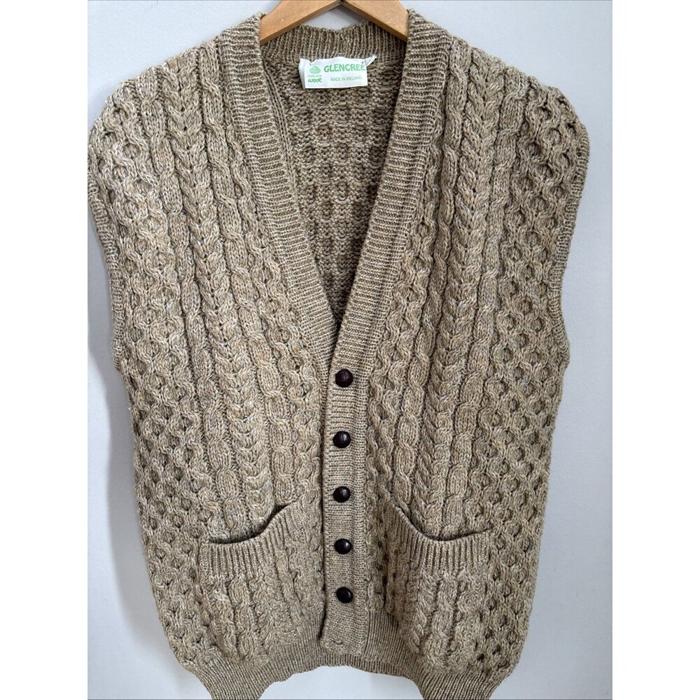 Ivory Aran Irish handknit zip heavy cable cardigan sweater wool 17”chest 30”L